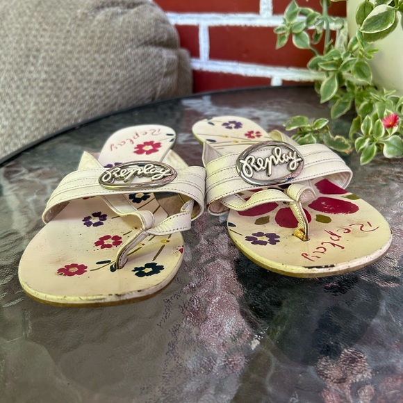 Replay | vintage white leather flower mules / flip flop sandals | size 6.5 - Picture 5 of 7